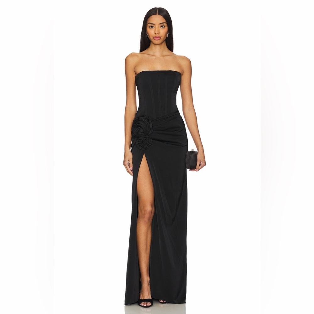 NBD Revolve Jake Black Strapless Rosette Slit Evening Gown Size Medium NWT